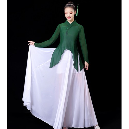 Dark green  with white chinese folk classical dance costumes traditional dance qiapo fairy hanfu dress for women yangko umbrella fan opening dance big swing skirt